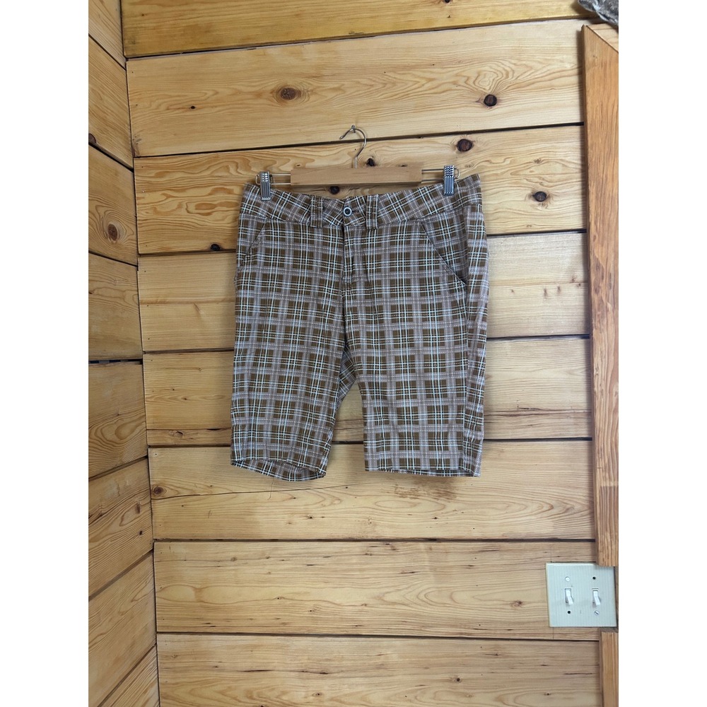 Leia Bison Combo Plaid Bermuda Shorts Brown Blue Cotton Stretch LP069746LF 7/8‎